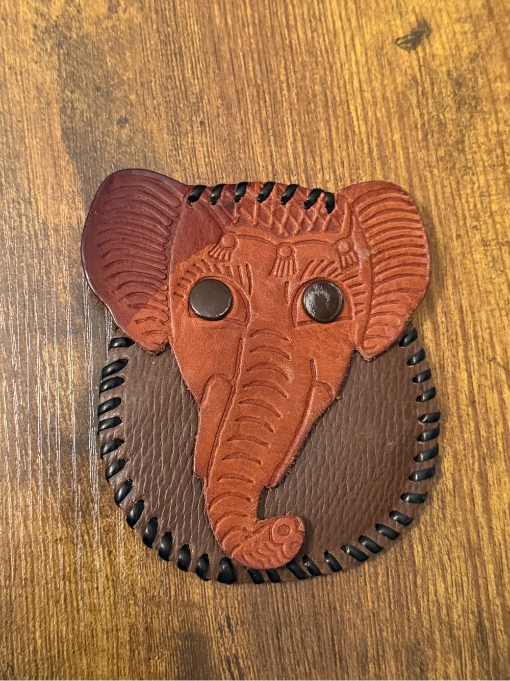 Vintage Handmade Leather Elephant Coin Purse Change Pouch Snap Boho Folk Art